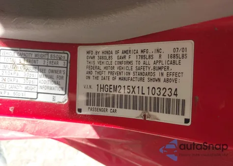 2001 Honda Civic Lx from USA, damaged, VIN 1HGEM215X1L103234